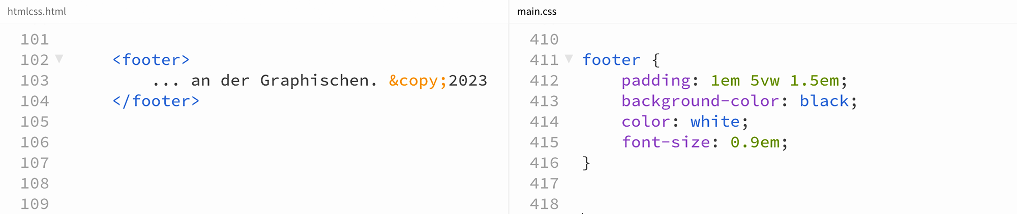 Screenshot, der HTML und CSS eines FOOTER-Elements zeigt.